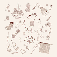 Set of knitting and sewing tools and accessories in doodle style. Hand drawn collection - obrazy, fototapety, plakaty
