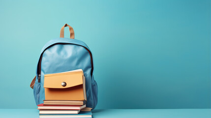 A complete school backpack filled with textbooks, set against a blue background, offering ample copy space. Embracing the Back to School theme
