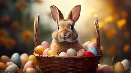 Fotobehang A bunny at Easter, clutching a basket filled with eggs © Vlad