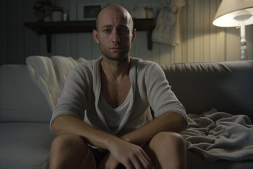 Obraz premium Silent Struggles in the Night: A Bald Man Grapples with Inner Demons of Depression, Seated Solitarily on a Sofa, Enveloped in Moonlit Darkness..
