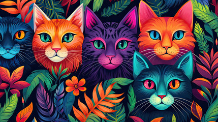 Obraz premium Seamless pattern of vibrant tropical cats, bursting with color. AI generative
