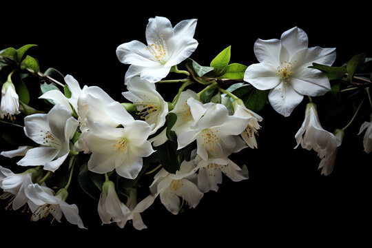 A beautiful arrangement of white flowers against a striking black background