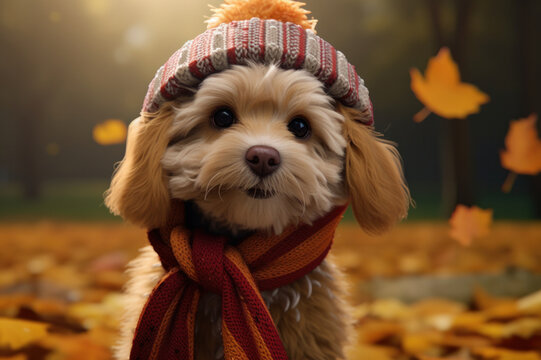 A charming dog embraces the season, adorned with a warm autumnal scarf and a cozy hat, capturing the essence of fall in its delightful canine attire..