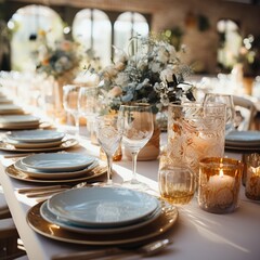 Table setting for a wedding. Glasses and plates for a romantic dinner, festive atmosphere with flowers and candles. Decor in Provencal style for the holiday with gentle colors.
