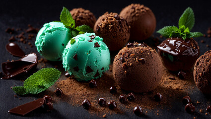 chocolate ice cream with mint on a dark background