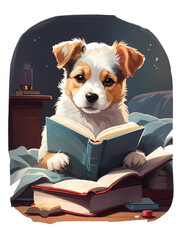 Dog cozily nestled in a reading nook, engrossed in a tiny book, Generative AI