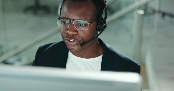 Business man, call center and computer for technical support, information technology solution and services. African tech consultant talking and helping in virtual network, software or night advice