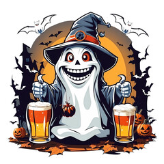 A drunken ghost with two glass of beer, Happy Halloween, Generative AI