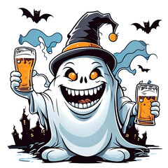 A drunken ghost with two glass of beer, Happy Halloween, Generative AI