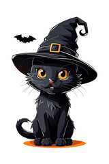 Cute black cat with witch hat, Happy Halloween, Generative AI