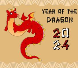 postcard of cartoon red dragon, symbol of Chinese New Year 2024