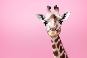 Obraz premium Giraffe portrait on minimalistic pink wallpaper. AI generated