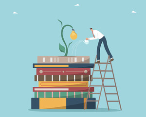Learning and obtaining new knowledge to create innovations, development of intellect or logic to search for new opportunities, wisdom to achieve goals or success, man watering light bulb tree on books