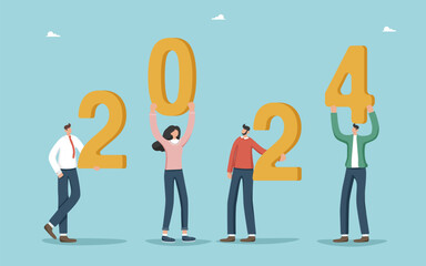 Strategic planning of actions in new year 2024, setting business goals to achieve success and conquer heights, vision of future business or career development in 2024, people stand with numbers 2024.