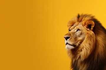 Lion headshot portrait on bright yellow minimalistic wallpaper. AI generated