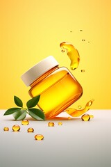 Omega-3 fish oil mock-up on yellow background with leaves. AI generated