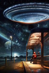A man waits at a bus stop, juxtaposed against the bizarre sight of a UFO suspended in the sky above him. Sci fi concept
