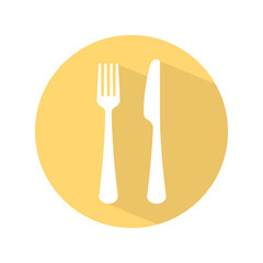 Fork and knife round vector icon with shadow