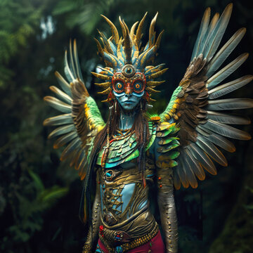 Modern interpretation of the feathered serpent Aztec deity Quetzalcoatl, with expansive wings and a spiked headgear, blending ancient mythology with a fresh artistic perspective