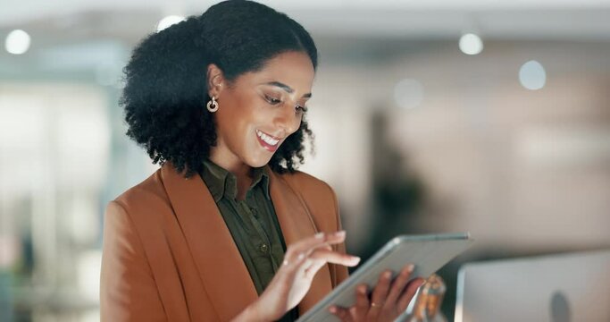 Happy woman in office with tablet, scroll and thinking, reading email review or article at startup. Internet, research and girl with digital app for networking, social media or website for schedule.