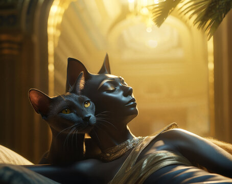 Modern interpretation of the ancient Egyptian goddess Bastet depicted as a half-woman half-cat entity