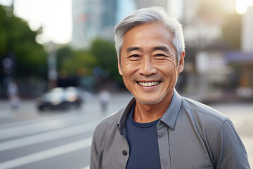 Generative AI photography of happy positive male person in the town smiling and enjoying walk
