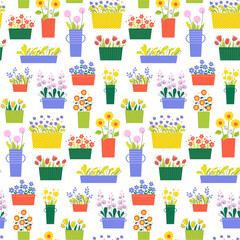 Seamless pattern flowers in pots. Cute flowers in vases and pots