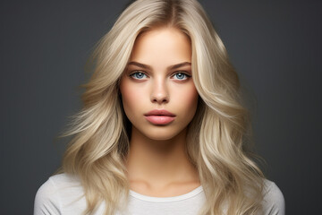 Fototapeta premium Close up photo portrait of a beautiful young woman smiling and looking at camera isolated on a grey background