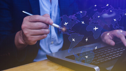 Businessman hand pushing flight booking networking, Hand pressing light blue world map with flight...