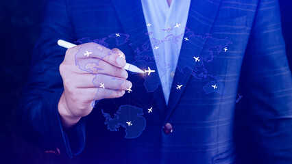 Businessman hand pushing flight booking networking, Hand pressing light blue world map with flight...