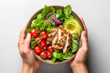 Woman's hands holding a bowl with salad with tomatoes, chicken, avocado, green leaves, top view of...
