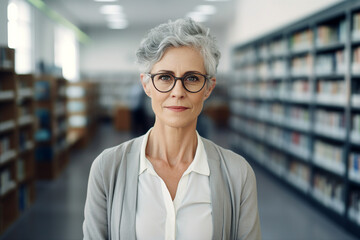 Generative AI photo of beautiful intelligent lady blurred schoolroom or library background school university education concept