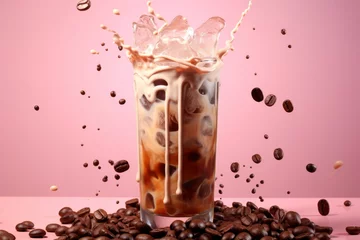 Zelfklevend Fotobehang Iced latte coffee glass with splash on a pink background with elements of coffee beans with space for text or inscriptions.generative ai  © Ivan