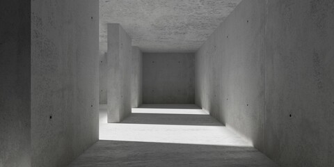 Abstract empty, modern concrete room with wide pillars, sunlight shadow and rough floor - industrial interior background template