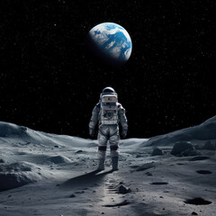 An astronaut stands on the moon's surface, looking at Earth above in the black, starry sky - obrazy, fototapety, plakaty