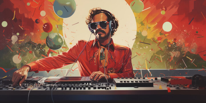 Retro stylish male in fancy outfit of 70s 80s playing music at DJ equipment at party.