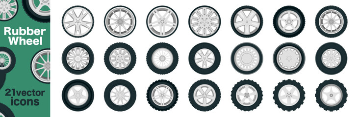 Wheel, tyre and tire collection of icons. Black rubber wheel tire set. Wheel tires - obrazy, fototapety, plakaty