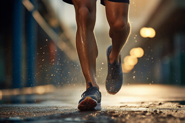 Close up generative AI photo of a female or male person legs in sportive shoes running in the park