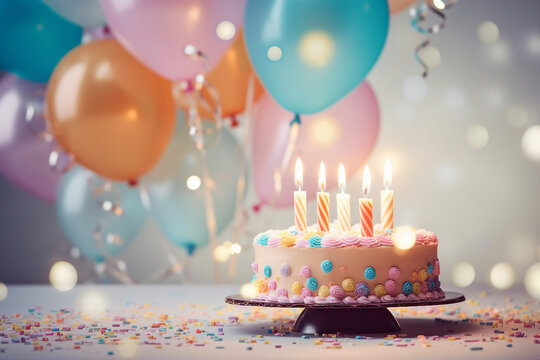 Generative AI picture Happy birthday cake candles balloons confetti abstract background