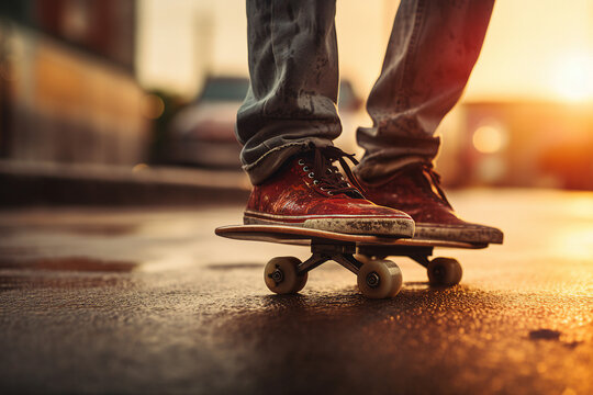 Close up generative AI photo of young person in stylish sneakers  riding pennyboard spending summer holiday in the park
