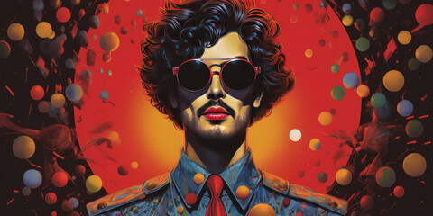 illustration of retro stylish dg man in fancy outfit of 70s 80s at party.