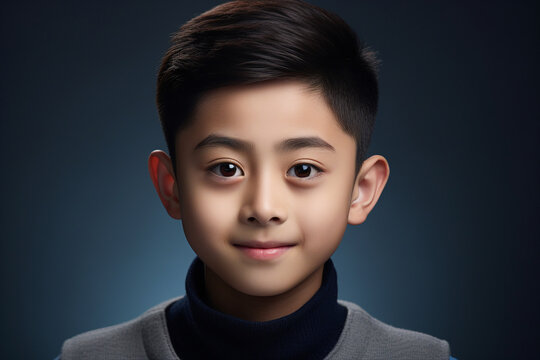 Portrait made with generative AI of a cheerful cute little boy isolated on a dark grey background
