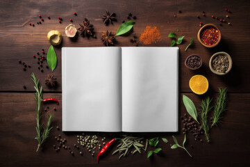 Blank notebook with white pages with space for text, recipe or inscriptions, with elements of various spices all around on beautiful wooden background, top view.generative ai
