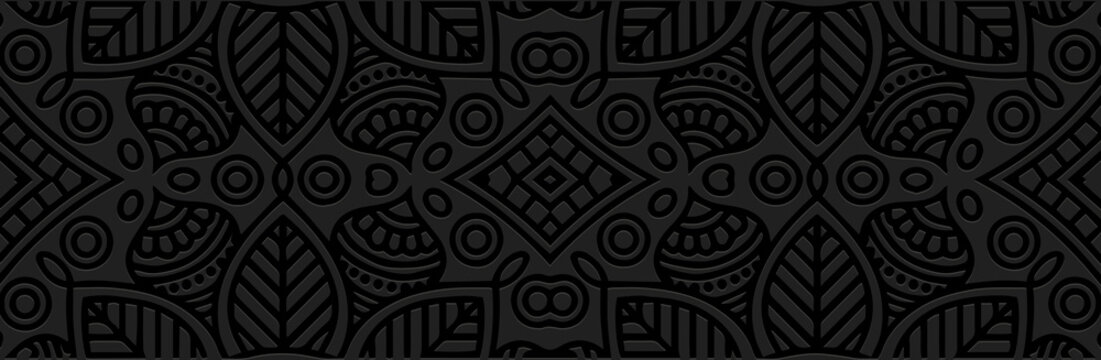 Banner, cover design. Relief ethnic geometric 3D pattern on a black background. Handmade, minimalism, boho. Vintage tribal exotic ornaments of the East, Asia, India, Mexico, Aztec, Peru.