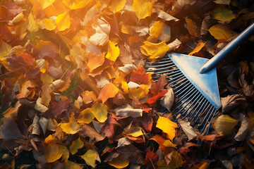 Raking autumn leaves in the garden with a rake, view of the leaves and rake from above.generative ai
 - obrazy, fototapety, plakaty