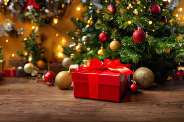Fototapeta na wymiar A red gift box with a red ribbon standing at the base of a decorated christmas tree. - Generative AI