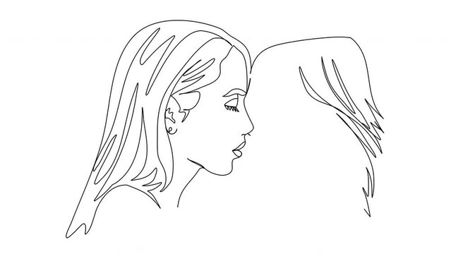 Continuous line two girls kiss line art animation. One line art.