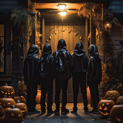 Obraz premium Group of teenagers in black costumes are standing at the door. Trick-or-treating. AI generated picture.