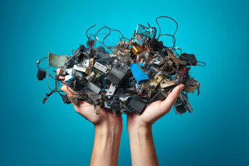 Hands holding electronic waste, cables and other electronic devices isolated on blue background with space for text. recycling and green planet theme.generative ai 