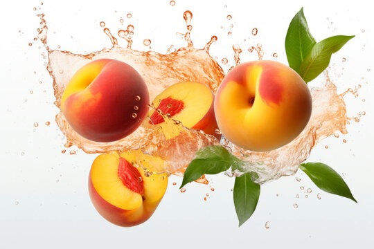 Levitating peaches with peach juice splash and green leaves isolated on white background, juice advertising.generative ai
